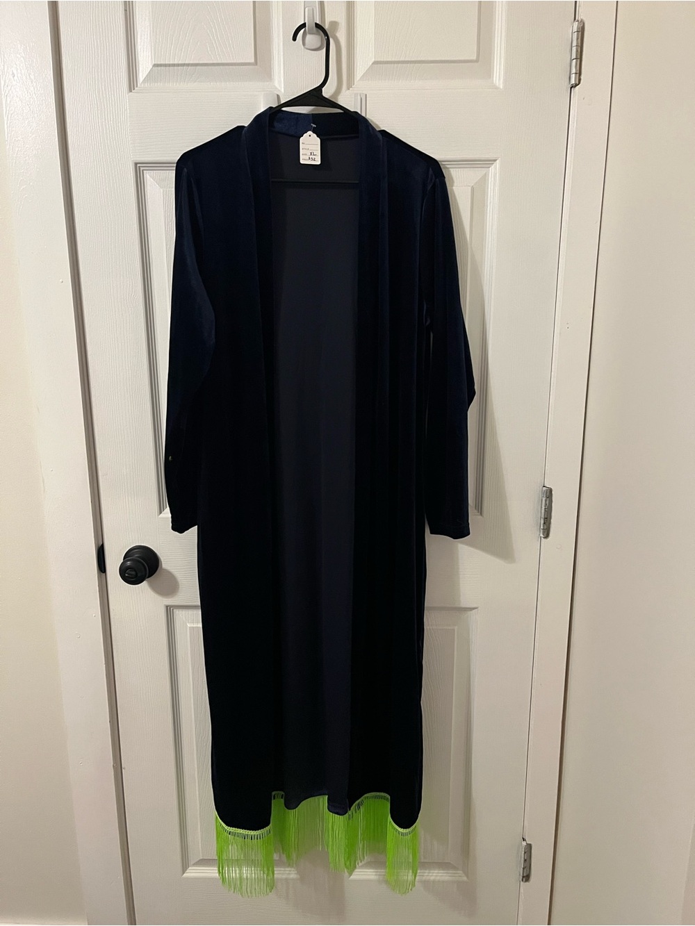 XL Navy Velour Festival Duster with Neon Fluorescent Lime Green Fringe
